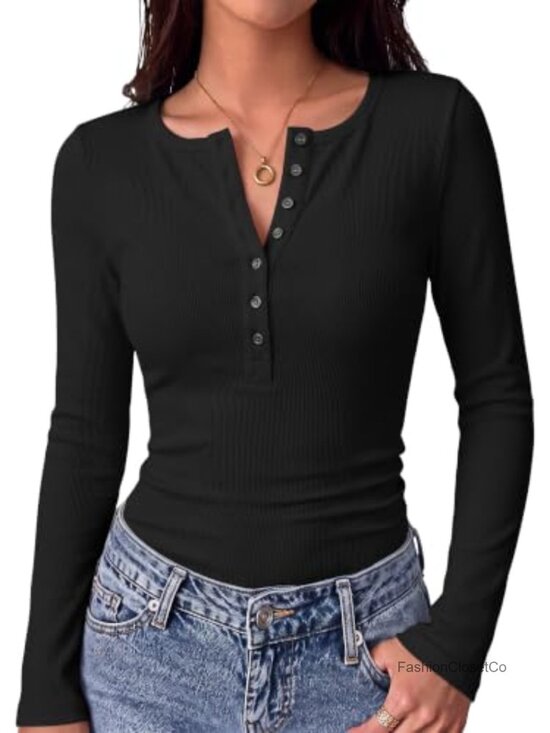 Tops - Women's Long Sleeve Henley Top Button Down Slim Fit Knit